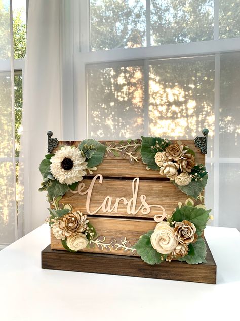 Wooden Wedding Card Box Ideas, Rustic Card Box Wedding Diy, Rustic Boho Graduation Party Ideas, Wood Card Box Wedding, Boho Card Box Wedding, Fall Wedding Card Box Ideas, Grad Card Box Ideas, Graduation Party Card Box Ideas, Wedding Card Box Ideas Diy