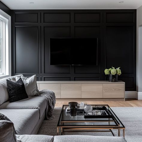 Black Tv Wall With Shelves, All Black Interior Design Living Rooms, Black Wall Behind Tv Living Room, Dark Tv Room Ideas, Tv Wall Basement, Black Wall With Tv, Black Accent Tv Wall, Accent Wall Tv Living Room, Asymmetrical Tv Wall