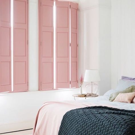 Pink Shutters, Bedroom Shutters, Shutters Interior, Interior Window Shutters, 80s Interior, Custom Shutters, Interior Shutters, Upstairs Bedroom, Bed Bedroom