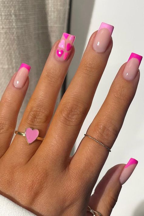 Dreamy and Playful: Glossy Pink Square Nails with Bold Pink Tips and a Heartfelt Accent Design // Photo Credit: Instagram @by_hannahtaylor Valentine Gel Manicure, Valentine’s Day Nails Square, Valentines Day Nails Square, Sns Ideas, V Day Nails, Pink Square Nails, Square Nail Ideas, June Nails, Pink Tips