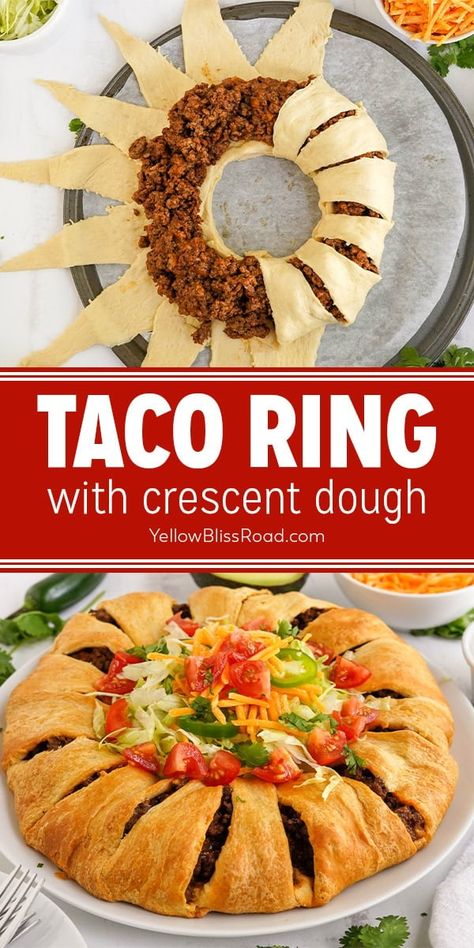 This Crescent Taco Ring is a hearty appetizer or simple meal. Super easy to make with just a few ingredients and perfect for game day parties! Taco Ring With Crescent Rolls, Crescent Roll Taco Bake, Crescent Roll Recipes Dinner, Taco Ring, Mexican Night, Crescent Recipes, Beef Taco, Crescent Ring, Pampered Chef Recipes