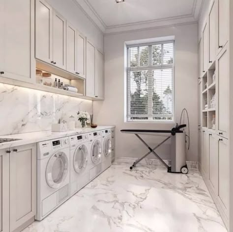 15 Inspiring Laundry + Mudroom Design Ideas - White marble laundry room dual washer dryer White Laundry Room, Sanctuary House, Sanctuary Home, Home Laundry Room, Drying Room, Laundry Room Flooring, Modern Laundry, Dream Laundry Room, White Laundry