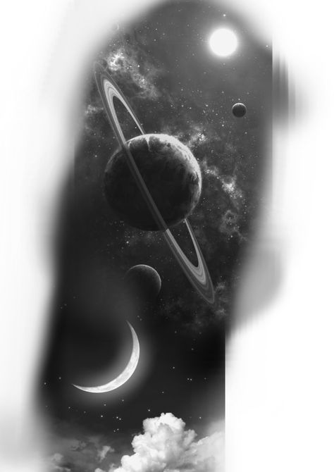 Realism Space Tattoo, Galaxy Tattoo Design Black And Grey, Universe Tattoo Galaxies Black And White, Planets Tattoo Design, Galaxy Tattoo Design, Space Tattoo Designs, Planets Tattoo, Galaxy Tattoos, Galaxy Tattoo Sleeve