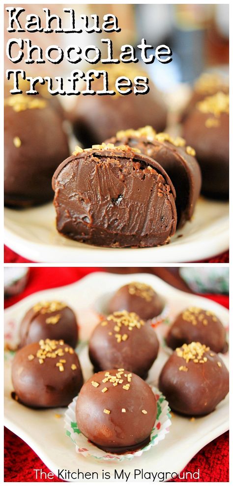 Kahlua Chocolate Truffles ~ With creamy Kahlua & chocolate centers, they're just the right indulgently delicious chocolate treat for the holidays -- or any time of the year! #Kahlua #truffles #chocolatetruffles #Christmas www.thekitchenismyplayground.com Kahlua Truffles Recipe, Kahlua Balls No Bake, Callebaut Chocolate Recipes, Kahlua Recipes Desserts, Kahlua Cookie Recipes, Hot Chocolate Cheesecake Truffles, Kaluha Recipes Desserts, Recipes With Kahlua, Alcohol Truffles