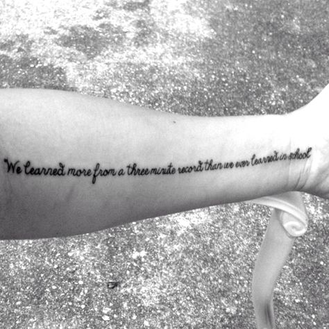 "We learned more from a three minute record than we ever learned in school" - No Surrender, Bruce Springsteen tattoo Bruce Springsteen Tattoo Lyrics, Bruce Springsteen Silhouette, Boss Tattoo, Born In The Usa Bruce Springsteen, Bruce Springsteen Born In The Usa, I’m On Fire Bruce Springsteen, Bruce Springsteen, I Tattoo, Tattoo Quotes