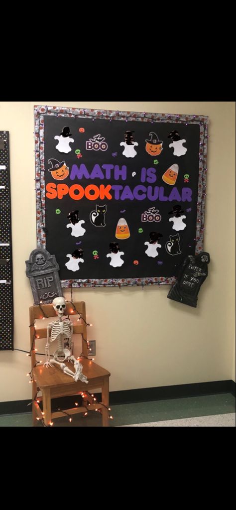 This is a bulletin board in my classroom. The cutouts (candy corn, cat, boo, pumpkins) were purchased from Amazon. My students faces are on the ghosts. The ghosts outlines ate google images we printed out and laminated to last multiple years. October Math Bulletin Boards, Halloween Math Bulletin Boards, Fall Math Bulletin Boards, October Bulletin Boards, October Math, School Office Decor, Math Bulletin Boards, Halloween Bulletin Boards, Disney Classroom