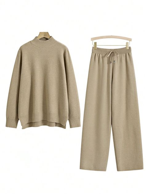 Autumn Winter Women Sweater+Pant Set Khaki Casual    Plain Pants Medium Stretch Fall/Winter Women Clothing, size features are:Bust: ,Length: ,Sleeve Length: Winter Women Sweater, Pants Embellished, Plain Pants, Prep Style, Women Sweaters Winter, Fashion Bottoms, Pullover Outfit, Travel Outfits, Co Ords