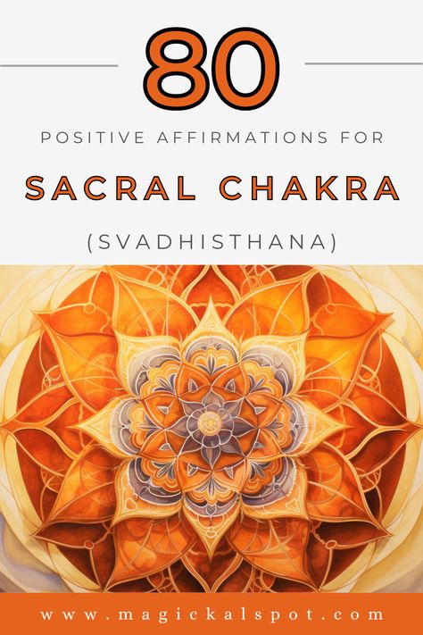 Unlock creativity and passion with '80 Positive Affirmations for the Sacral (Svadhisthana) Chakra.' This enriching article provides affirmations to balance and activate your sacral chakra, fostering emotional well-being, sensual energy, and creative expression. Ideal for those seeking to enhance intimacy, embrace change, and nurture their artistic talents. These affirmations are a powerful tool for cultivating joy, abundance, and a harmonious connection with your innermost desires. Cultivating Joy, Svadhisthana Chakra, Cleansing Spells, Sacral Chakra Affirmation, Higher Vibration, Chakra Affirmations, Kitchen Witchery, Affirmations For Women, Protection Spells