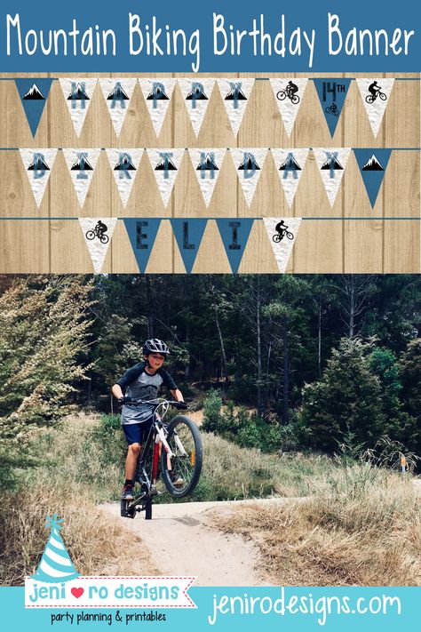 Mountain Bike Themed Party, Mountain Bike Party Ideas, Mountain Bike Birthday Party, Bicycle Party, Bike Birthday Parties, Bike Party, Bike Birthday, Printable Birthday Banner, Banner Printable