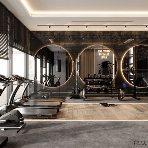 Modern Gym on Behance Fancy Gym Interior, Beautiful Gym Design, Gym Luxury Interior, Modern Fitness Gym Interior Design, Hotel Fitness Interior, Luxury Workout Room, Hotel Gym Interior Design, High End Gym Interior Design, Gym Room Luxury