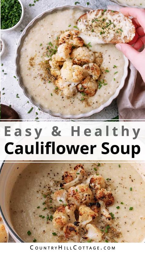 This homemade cauliflower soup without cream is packed with hearty veggies and bursting with comforting flavor. The cauliflower is roasted to bring out the aroma and then pureed with potatoes for a super creamy texture. A great meal for cold days! This roasted cauliflower potato soup couldn’t be easier, and it has such great flavor! You only need a few simple ingredients, like cauliflower, potatoes, onion, vegetable stock, and an array of herbs and seasonings. | CountryHillCottage.com Cauliflower Veggie Soup, Cauliflower Puree Soup, 3 Ingredient Cauliflower Soup, Cream Of Cauliflower Soup Recipe Healthy, Creamy Roasted Cauliflower Soup, Vegan Creamy Cauliflower Soup, Soup Without Cream, Easy Cauliflower Soup, Cauliflower Potato Soup