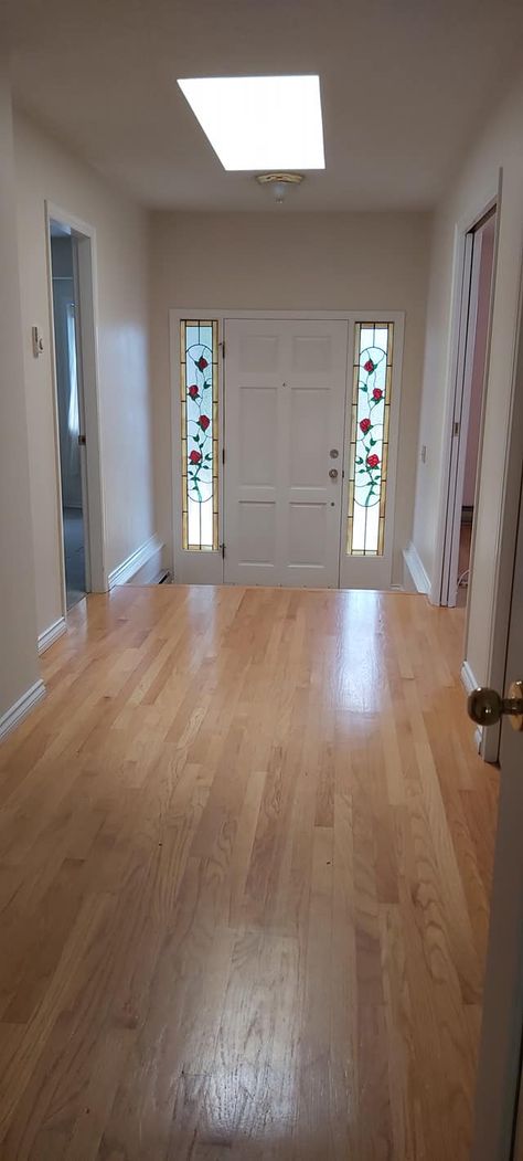 This is the before photo of our 25 year old oak floors which have turned an orangey color over the years. We recently bought our new to us 'retirement' sized home and we needed to renovate the floors within a two week period. Come visit and see what the floors look like before (left) and after the refinishing, sanding, staining and sealing. Don't forget to follow for updates :) #renovation #home #house #downsizing #retirement #refinishing #oak #floors #hardwood Oak Floor Stains Before And After, Sand And Refinish Wood Floors, Old Oak Floors Refinished, Before And After Hardwood Floor Refinish, Refinished Oak Floors Before And After, Refinish Hardwood Floors Before After, Refinishing Engineered Hardwood Floors, Refinished Wood Floors Before And After, Refinish Engineered Wood Floors