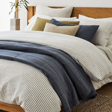 European Flax Linen Classic Stripe Duvet Cover & Shams | west elm Canada Striped Bedding Ideas, Perth House, Charleston House, Stripe Bedding, Box Stitch, Colorful Apartment, Apartment Stuff, Bedding Inspiration, Striped Bedding