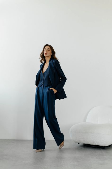 Stunning Classic Dark Blue Pantsuit. Blue Formal Three Piece Women's Suit. 3-piece Set Jacket Vest and Palazzo Trousers.office Matching Set. - Etsy Dark Blue Women Suit, Dark Blue Suit For Women, Wedding Guest Suit Women, Trouser Suits For Women, Three Piece Suit Women's, 3 Piece Suit Women, Womens 3 Piece Suit, Blue Pantsuit, Pantsuit For Women