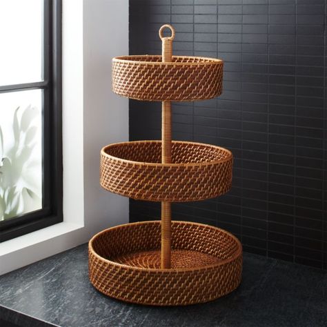 Two Tier Fruit Basket, Rattan Fruit Basket, 3 Tier Basket Stand Ideas, Fruit Basket Ideas Kitchen, Modern Fruit Bowl, Remote Village, Tiered Fruit Basket, Plastic Crates, Dog Basket