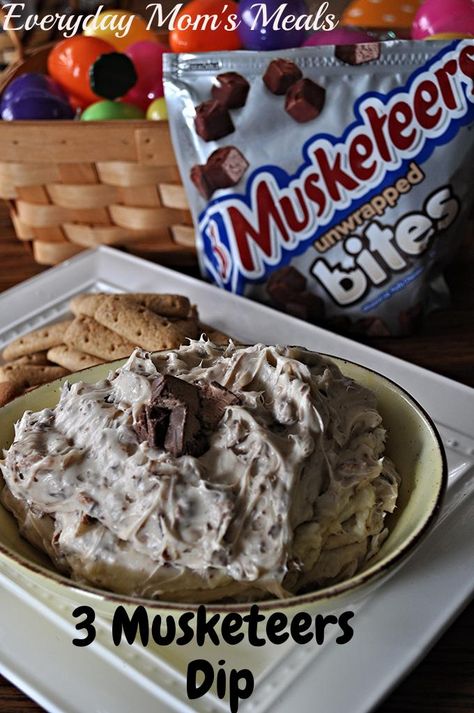 ~3 Musketeers Dip~ A fun, simple, sweet treat perfect for your Easter dessert. Young and old alike will enjoy this candy bar dip for cookies, graham crackers or fingers! #EatMoreBites #shop Crescent Twists, Dessert Dip, Caramel Frappuccino, 3 Musketeers, Frappuccino Recipe, Sweet Dips, Three Musketeers, Dessert Dips, Cheese Balls