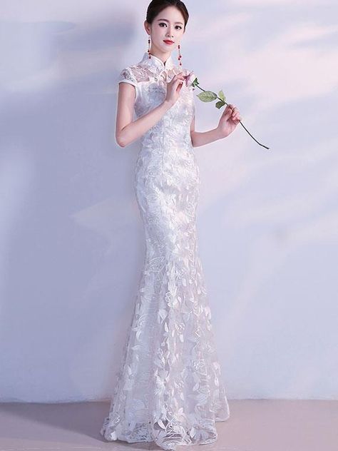 Shop White Lace Fishtail Qipao / Cheongsam Wedding Dress at imallure.com. A wide collection of high quality qipao & cheongsam in various style. Tailor made for better fit. FREE INTERNATIONAL SHIPPING. Asian Inspired Wedding Dress, Japanese Wedding Dress Modern, Japan Wedding Dress, White Qipao, White Cheongsam, Cheongsam Wedding Dress, Wedding Dresses Xl, Japanese Wedding Dress, Qipao Modern