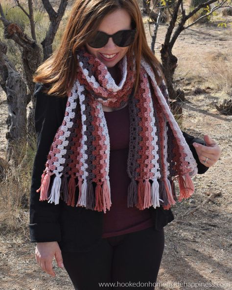 Granny Stripe Scarf Crochet Pattern | Hooked on Homemade Happiness Stripe Scarf Crochet, Granny Stripe Scarf, Stripe Scarf Pattern, Granny Scarf, Crochet Blanket Scarf, Crochet Stripe Scarf, Stuff To Do With Yarn, Crochet Craft Fair, Granny Square Scarf