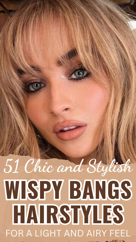 Wispy Bangs Hairstyles Wavy Hair Wispy Bangs, Hair Wispy Bangs, Wispy Bangs Hairstyles, Airy Bangs, Hairstyles Brown Hair, Soft Wispy Bangs, Bang Inspo, Brown Hair Bangs, Hairstyles Brown