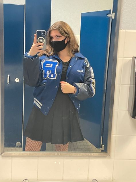 Black Shirt And Skirt, Shirt And Skirt, Letterman Jacket, Costume Design, Skirt Outfits, Black Shirt, Varsity Jacket, Rain Jacket, Skirt