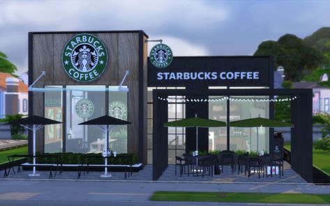 Sims Restaurant Layout, Sims 4 Starbucks Build, Starbucks Cc Sims 4, Sims 4 Restaurant Furniture Cc, Starbucks Building Design, Starbucks Exterior Design, Starbucks Bloxburg Build Layout, Sims4 Starbucks, Ts4 Restaurant Build