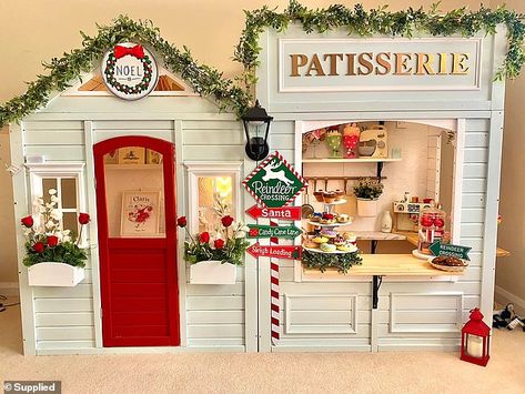 Creative mother hacks the $179 Kmart cubby house into a French-inspired patisserie Kmart Cubby House, Kmart Cubby, Christmas Kids Room, Kids Indoor Playhouse, Wooden Cubby, Creative Kids Rooms, Cubby House, French Christmas, Kids Playhouse