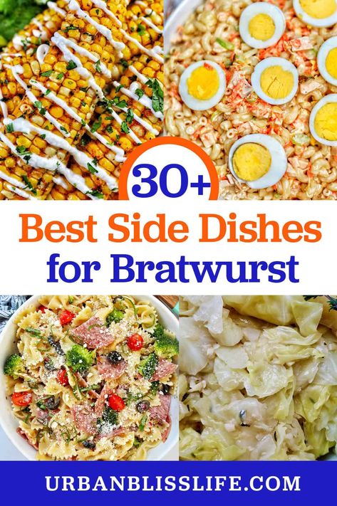 Firing up the grill? Here's a great recipe collection of 20+ Best Side Dishes for Bratwurst, on UrbanBlissLife.com. Brats Sidedish, Sides For Bratwurst, Side Dish For Brats, Sides For Brats Dinners, Bratwurst Side Dishes, Sides For Brats, Bratwurst Sides, Grilled Bratwurst, Grilled Brats