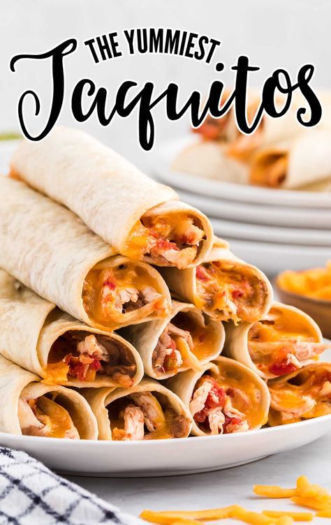 Chicken taquitos are filled with seasoned chicken, cheese, juicy tomatoes, and refried beans. Taquitos are great as a main dish or served as appetizers. Awana Games, Make Shredded Chicken, Chicken Taquitos, Seasoned Chicken, Mexican Foods, Shredded Pork, Tex Mex Recipes, Juicy Tomatoes, Football Food