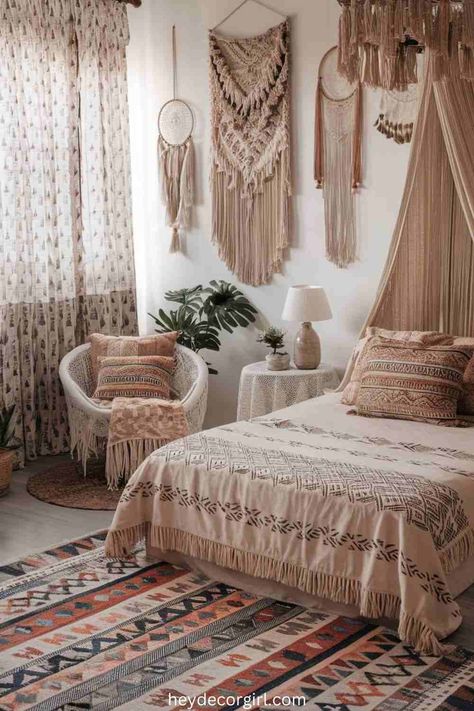 Boho Wall Decor Ideas, Rattan Bed Frame, Boho Bedroom Decor Ideas, Wall Mounted Planters, Rattan Bed, Bohemian Wall Art, Layered Rugs, Wall Decor Ideas, Boho Bedroom Decor