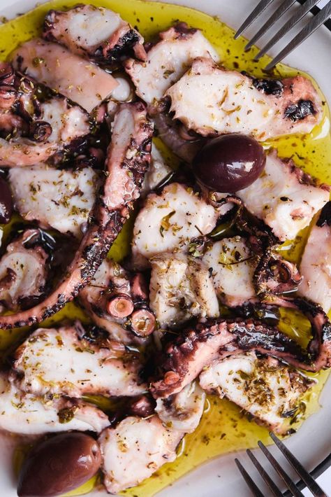 Mediterranean Octopus Recipe, Octopus Recipes Italian, Greek Seafood Recipes, Octopus Appetizer, Marinated Octopus, Octopus Ceviche, Greek Octopus, Octopus Recipe, Greek Fish