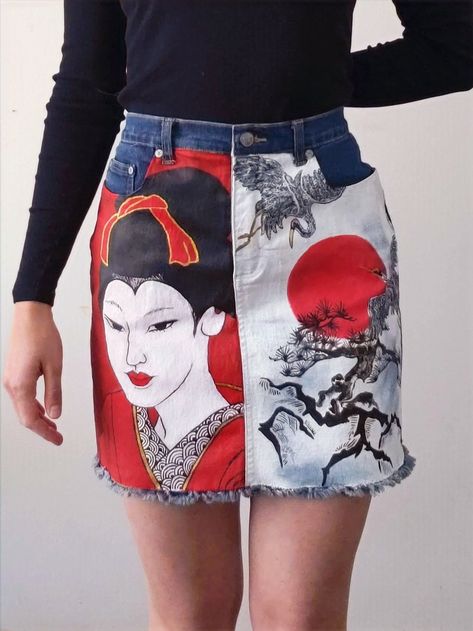 In Harmony Size US 8 Women's Acrylic on Textile, 2020, hand painted jean skirt. Falls to a few inches above knee length with pockets.    Living in Tokyo, Japan at a young age blossomed a lifelong interest, fascination and respect for the elegant beauty and ancient richness of Japanese culture, tradition and art. I connected in particular to the idea of Geisha, which literally means...to read more, check out my blog post at katrinathunem.com. This item is machine washable, do not use a machine dryer, this item must air-dry. I strongly recommend hand washing for best long-term design maitenance.  Did you know that the fashion industry is the second leading greatest freshwater pollution in the world? This clothing is part of a larger collection I have created in reflection of this fact. The t Painted Jean Skirt, Painted Denim Skirt, Hand Painted Skirt, Painted Fashion, Easy Diy Clothes, Skirt Ideas, Painted Jacket, Custom Jeans, Elegant Beauty