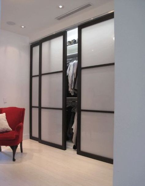 sliding doors with black framing and frosted glass is a stylish and very modern idea to try Closet Curtain, Glass Door Curtains, Sliding Door Curtains, Bedroom Closet Doors, Glass Closet Doors, Glass Closet, Trendy Door, Hallway Closet, Sliding Wardrobe Doors