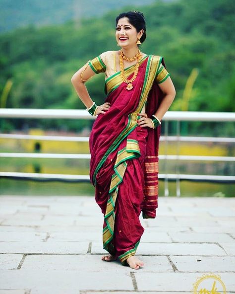 Marathi Dress, Marathi Saree, Marathi Bride, Lehenga Saree Design, Nauvari Saree, Indian Sari Dress, Indian Bridal Photos, Saree Blouse Neck Designs, Wedding Saree Collection