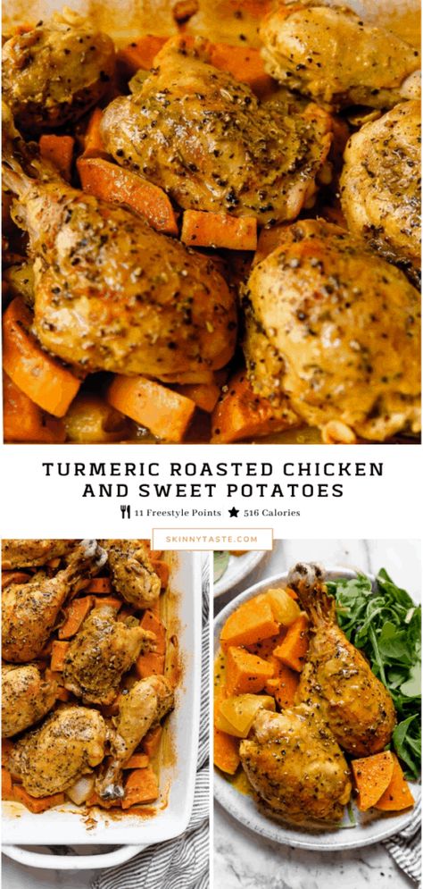 Roasted Chicken And Sweet Potatoes, Chicken And Sweet Potatoes, Best Roasted Chicken, Roasted Chicken And Potatoes, Roasted Chicken Thighs, Healthy Chicken Dinner, Chicken Sweet Potato, Chicken Potatoes, Skinny Taste Recipes