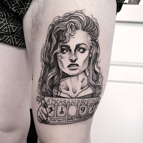 Bellatrix Lestrange Tattoo by @cuttybage Bellatrix Tattoo, Bellatrix Lestrange Tattoo, Pops Tattoo, Chef Art, Potter Tattoo, Harry Potter Tattoos, Harry Potter Tattoo, Bellatrix Lestrange, Crazy Eyes