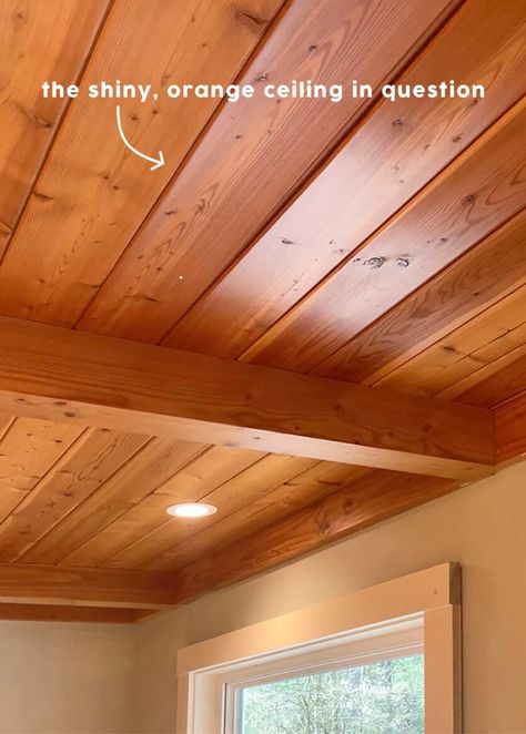 Reviving A Shiny, Orange Wood-Paneled Ceiling With Dry-Ice Blasting: Was It Worth It? - Emily Henderson Cedar Wood Ceiling Ideas, Wood Ceiling Makeover, Wood Floors And Ceilings, Wood Ceiling Kitchen Ideas, Wood Paneled Vaulted Ceiling, Painting Wooden Ceiling, Honey Oak Ceiling Living Room, Slanted Wood Ceiling, Knotty Pine Ceiling Makeover