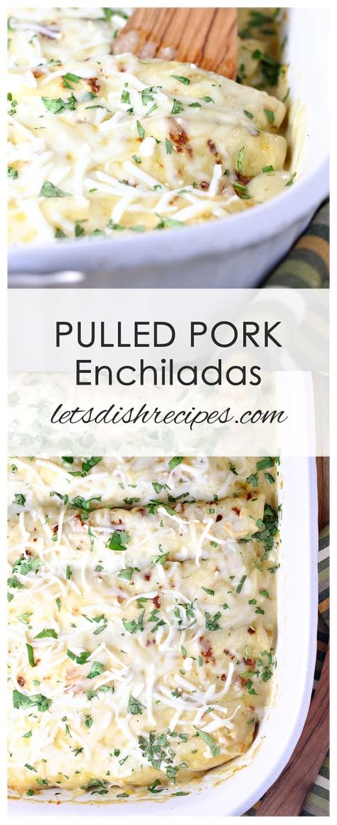 Pulled Pork Enchiladas with Creamy Green Chile Sauce | Let's Dish Recipes Enchiladas Green, Homemade Turkey Chili, Creamy Enchiladas, Green Chile Sauce Recipe, Chipotle Pulled Pork, Beef Burrito Recipe, Pulled Pork Enchiladas, Pork Enchiladas, Green Chili Sauce