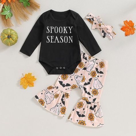 fhutpw Newborn Baby Girl Halloween Clothes Long Sleeve Romper Tops Pumpkin Bell-Bottom Pants Headband Infant Fall Outfits Newborn Girl Halloween, Baby Girl Halloween Outfit, Baby Girl Fall Outfits, Girls Halloween Outfits, Newborn Halloween, Baby Halloween Outfits, Baby Girl Fall, Printed Flare Pants, Baby Girl Halloween