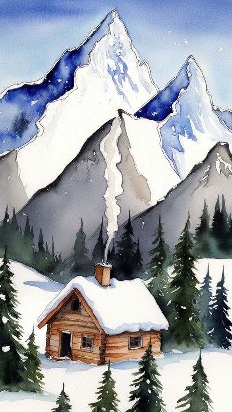 Winter Scene Watercolor Paintings, Snow Covered Mountains Painting, Snow On The Beach Painting, Cabin Watercolor Painting, Winter Cabin Drawing, Snowy Trees Painting, Snowy Mountains Painting, Snowy Mountain Painting, Winter Landscape Watercolor