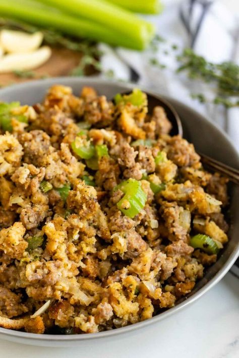 Easy Sausage Stuffing (15-minute Recipe) - Crazy for Crust Easy Sausage Stuffing, Sausage Stuffing Recipe Thanksgiving, Easy Stuffing Recipe, Sausage Stuffing Recipe, Crazy For Crust, Sausage Stuffing, Stuffing Recipes For Thanksgiving, Stuffing Mix, Delicious Thanksgiving