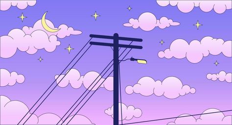 Retro Aesthetic Wallpaper Laptop, Electric Wires Aesthetic, Wires Aesthetic, Night Sky City, Vaporwave Background, Lofi Background, Dreamy Night Sky, Telephone Pole, Chill Wallpaper