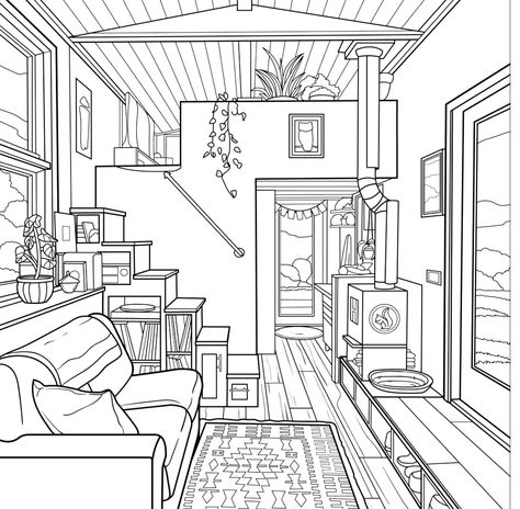 Room Colouring Pages, Interior Design Coloring Pages, Coloring Pages Interior, Room Coloring Pages, House Coloring Pages, Interior Design Sketchbook, Bobbie Goods, Whimsical Art Journal, Interior Architecture Drawing