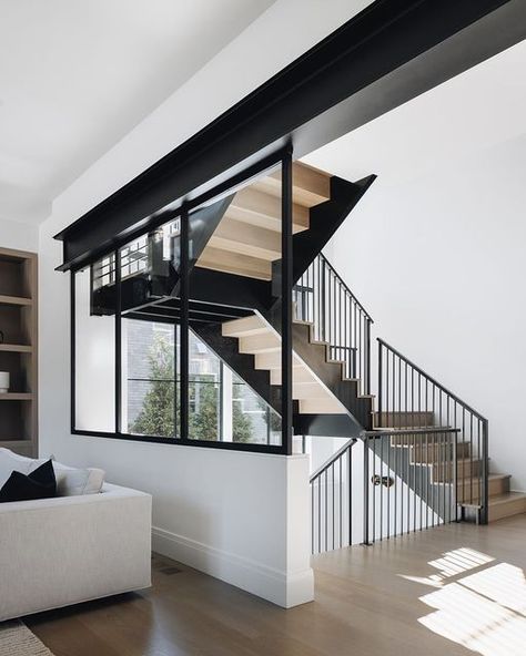 Stairs With Open Risers, Switch Back Stairs, Steel Beam House, Exposed Staircase, Industrial Staircase, Beam House, Foyer Stairs, Black Stairs, Stairs Stringer