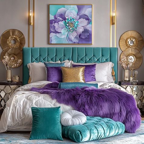 Create Turquoise And Purple Bedroom, Purple Room Ideas, Peacock Bedroom, Bedroom Teal, Turquoise Bedroom, Lavender Bedroom, Bedroom Turquoise, Purple Room, Purple Bedroom