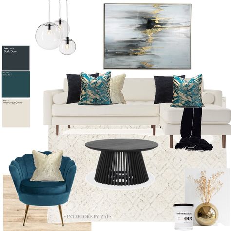 Teal Black And Beige Living Room, Turquoise Black And White Living Room, Black And White Sitting Room Ideas, Black Mood Board, White Sitting Room, Blue Scheme, Black And White Home Office, Teal Home Decor, Urban Living Room