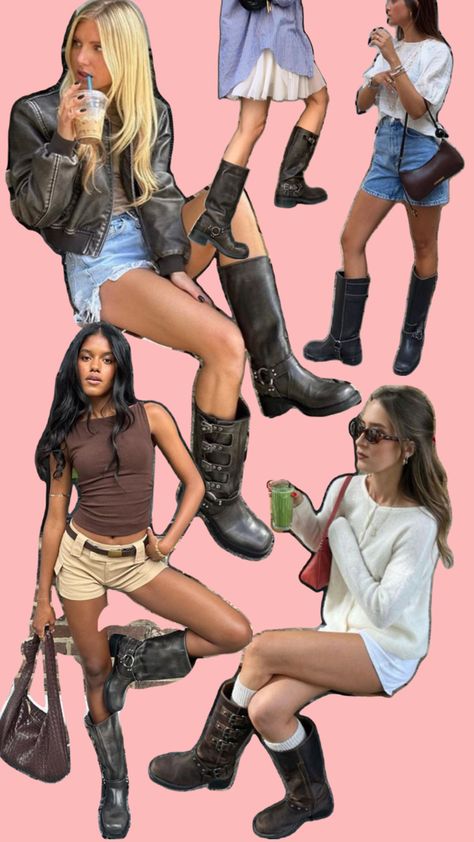 Buckle Boots Outfit, Skirt Boots Outfit, Moto Boots Outfit, Biker Boots Outfit, Summer Boots Outfit, Fashion Trending Moodboard, Boots Outfits, Fall Fit, Skirts With Boots