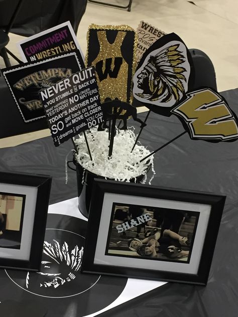 Wrestling Centerpieces, High School Wrestling Banquet Ideas, Wrestling Senior Night, Wrestling Graduation Party Ideas, Wrestling Banquet Centerpieces, Wrestling Centerpiece Ideas, Wrestling Banquet, Wrestling Senior Night Ideas, Wrestling Banquet Ideas