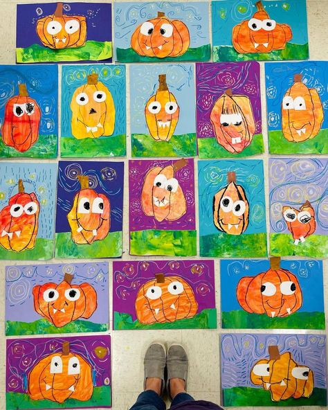 Keisha L. Casiano on Instagram: “But these kinder pumpkins!!!!😍❤️😂 so stinkin cute! We mixed our orange using primary colors, next added our starry night sky inspired by…” Pumpkin Watercolor Painting For Kids, Cute Pumpkin Craft, October Crafts For First Grade, Fall Crafts School, Preschool Orange Crafts, Primary Color Lessons For Kindergarten, Halloween Prek Art, Pumpkin Art For Preschoolers, Pumpkin Art Grade 1