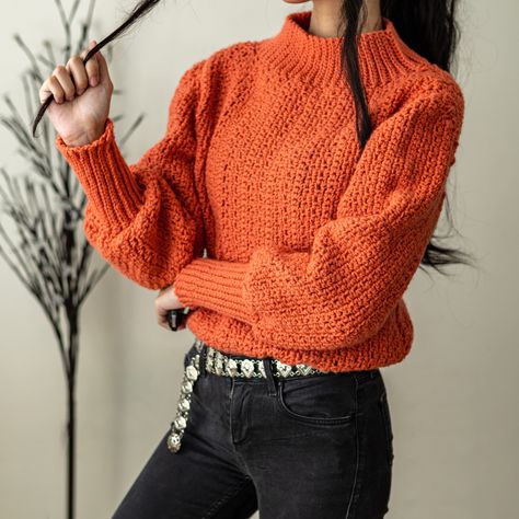 This airy sweater can be made with our detailed pattern, photo pattern and free video tutorial! It's a gorgeous make with lot's of modern elements. The texture is made from moss stitches and single crochet's, the balloon sleeve is cinched together with a long ribbed cuff and it features a long collar that can easily be adapted to a short collar! Please Enjoy! 💖 Be sure to follow on YouTube, Instagram and check out my Etsy @TCDDIY #crochet #crochettop #crochetpattern Crochet Balloon Sleeve, Crochet Balloon, Crochet Cable Stitch, Balloon Sleeve Cardigan, Crochet Sweater Pattern, Balloon Sleeve Sweater, Crochet Cable, Moss Stitch, Youtube Instagram