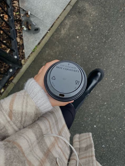 a picture of someone holding a coffee cup walking down the street. wearing a checked shacket styled with black leggings and knee high boots. a perfect autumn/winter outfit. Coffee Walks Aesthetic, Walking With Coffee Aesthetic, Coffee In Hand Aesthetic, Morning Walk Aesthetic, Morning Walks Aesthetic, Coffee Walk, Walk Aesthetic, Coffee Mornings, Baby Tumblr